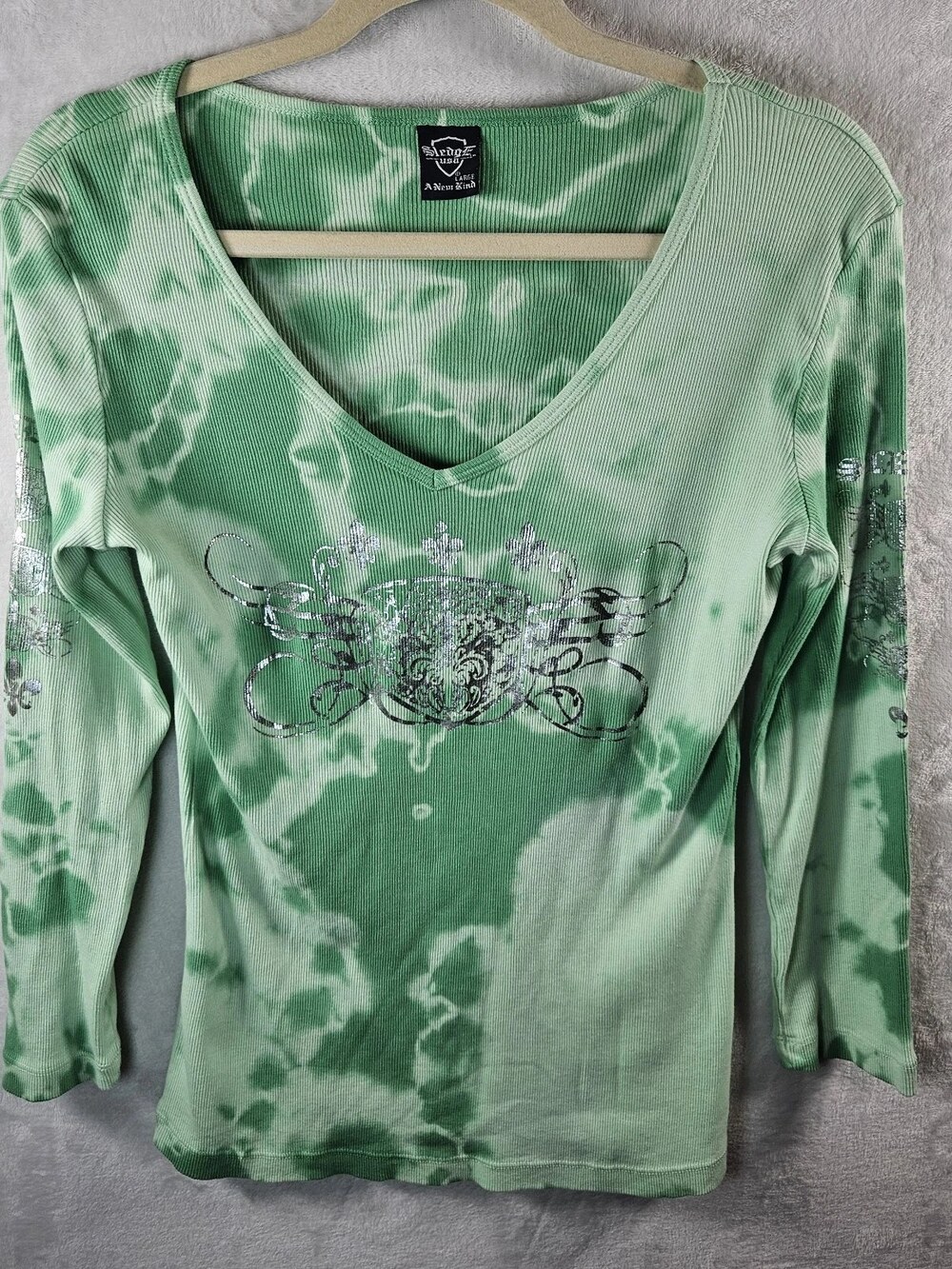 Sledge USA Long Sleeve Ribbed Top Green Tie Dye Women's Size Large Y2K